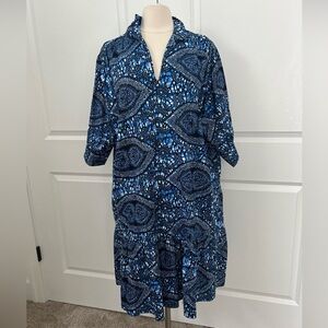 $360 The OULA Company OS One Size Tiered Midi Dress 3/4 slv Blue Batik